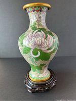 Front view of cloisonné vase showing chrysanthemum flowers and leaves detail