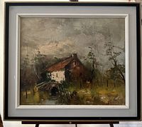 Full overview of the framed oil painting showing the rustic house, bridge, waterway and surrounding landscape.