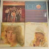 Four vinyl record album covers: The Charlie Daniels Band 'Million Mile Reflections,' 'Horizons - Today's Soft Rock Hits,' Tammy Wynette 'We Sure Can Love Each Other,' and Tammy Wynette 'Woman to Woman.'