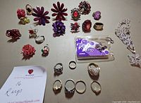 Photo showing all 16 rings arranged in groups on a flat surface. Some rings have colorful floral designs in red, purple and pink, some silver-tone with clear stones, and a ring with a unicorn motif. Also visible is a silver-tone slave bracelet and a packaged toe ring.