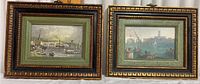 Both framed hand-colored gravure prints side by side, showing waterways, boats, and bridges in ornate frames.