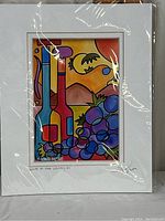 Full front view of the painting matted and protected with plastic wrap showing the artist's signature at the bottom left and title below the image.