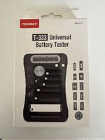 Front of Tenergy T-333 Universal Battery Tester box showing product image and supported battery sizes.