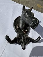 Photo showing a front angled view of the black cast iron horse head coat hook mounted on a white background, highlighting the design and mounting screws visible.