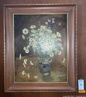 Full view of the framed painting showing a vase of flowers, signed H. Pforr 1908, with a wooden frame and gold inner border.
