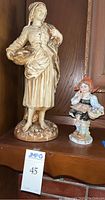Full view showing both the Marwal statue of a woman with basket of fish and blanket and the Lipper & Mann Dutch girl figurine side by side on a wooden surface.