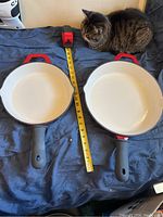 Top view of two cast iron pans measuring approx 9 and 12 inches diameter with tape measure and tabby cat for scale.