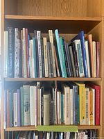 Books neatly arranged on two shelves, showing a variety of titles and colors