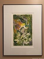 Full view of framed mixed media print with botanical abstract artwork.