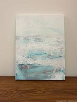 Abstract giclée printed acrylic artwork on canvas with mainly white, blue, turquoise, and grey brush strokes, vertically oriented