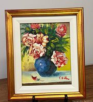 Full view of original floral acrylic painting in gold frame, showing overall condition and dimensions.