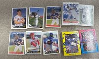 Photo showing individual baseball cards including Trot Nixon, Derek Lee, Greg Almond, and others from the minor league sets.