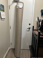 Rolled up area rug leaning against a white door, showing length and condition of the rug.