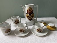 Porcelain coffee/tea set with vintage floral pattern, showing coffee pot, sugar bowl, milk jug, 2 cups, and 2 saucers in one view.