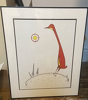 Framed serigraph of a stylized red crane standing on a hill with a circular sun symbol.