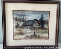 Full view of framed pen and ink watercolour painting 'Log Cabin #10' by J.M. Robinson, showing the complete artwork and frame.