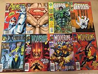 Eight comic books laid out in two rows. Top row: Avengers West Coast, Superman, two Green Lanterns. Bottom row: X-Calibur, and four Wolverine comics.