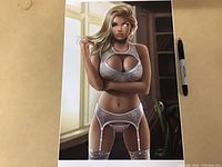 Full front view of the comic art poster measuring 11 x 17 inches, showing the character in white lingerie standing in front of a window.