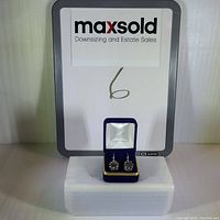 Pair of labradorite stone earrings in a blue velvet presentation box, displayed on white foam with signage behind.