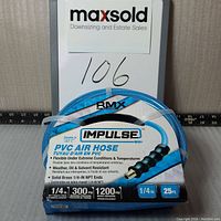 Front packaging label focusing on product specifications and branding for Impulse PVC Air Hose, mentioning length, diameter, pressure ratings, and features.