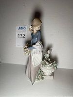 Side view of Lladro porcelain figurine showing young woman in dress with apron holding basket of flowers next to bird fountain.