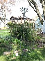 Full view of metal garden arbor with scroll top and ladder side, placed outdoors among plants and trees.