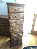 Full view of tall Kincaid lingerie chest with six drawers, brass handles, and scratches.
