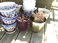 Photo showing a group of small planters in blue and white ceramic, purple plastic, metallic gold and copper tones with some dried plants and soil inside.