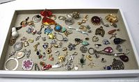 Top view of assorted pendants and charms displayed in a tray showing variety of styles, shapes, and sizes.