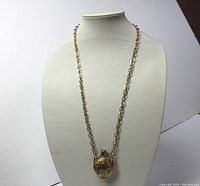 Front view of the necklace with pendant on display bust showing the full length chain and pendant shape.