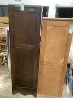 Full view of two wooden cabinets side by side, highlighting the dark brown wooden cabinet to be sold.