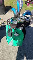 Front view of green and gray Ping stand bag filled with clubs and head covers