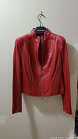 Front view of the Danier red leather jacket on a hanger showing the full jacket, zipper front, and high collar.