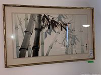 Full frontal view of framed bamboo ink painting