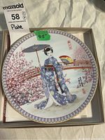 Plate featuring Asian woman in blue floral kimono holding parasol in front of wooden bridge with cherry blossoms, with size label 8.5 inches and box visible underneath.