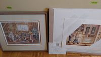 Framed print 'Grandpa's Loft' by John Newby and unframed print 'The Birthday' by Trisha Romance displayed side by side with certificates of authenticity.