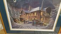 Framed and matted limited edition print showing winter evening scene with vintage cars and horse carriages at Parkwood Estate