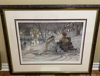 Full front view of the framed print showing the winter ice skating scene
