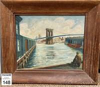 Full view of framed original oil painting showing Brooklyn Bridge and dock scene with seated figure, signed Baron 8/55.
