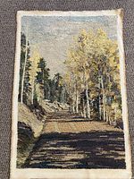 Full view of the vintage hooked rug showing nature scene of forest pathway, trees and shaded ground.