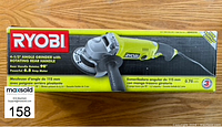 Full boxed product view showing Ryobi branding, 4-1/2 inch angle grinder details, 6.5 amp motor, and rotating 90° rear handle.