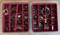 Top-down view of two plastic jewelry holders with velvet-lined compartments holding various earrings of different styles, including hoops, studs, and dangles.