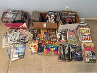 Wide view of all magazines and comics spread on floor with two storage boxes behind