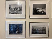 Four black and white vintage photographic prints hanging on a wall, each framed. Visible subjects are barren trees in a field, rocky shoreline with waves, white birch trees, and a farmhouse in a rural landscape.