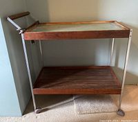 Full view of the trolley showing two tiers, wood and metal frame, small wheels, and handle bar.