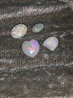 Four loose opal gemstones resting on a dark textured fabric background, showing varied shapes and play-of-color characteristic of opals.
