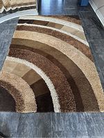 Photo of a rectangular area rug with textured curved stripes in shades of brown and beige on a tiled floor.