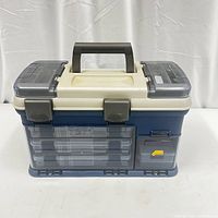 Front view of the vintage Plano tackle box showing the main body, handle, and front latches with '7271' marking and Plano logo.