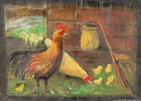 Front view of oil painting depicting a rooster, hen, and chicks in a rustic outdoor setting near a brick wall and garden tools.