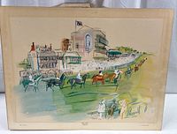 View of the full lithograph print showing horses with jockeys lined up at a racecourse with a grandstand and crowd in the background, mounted on board.
